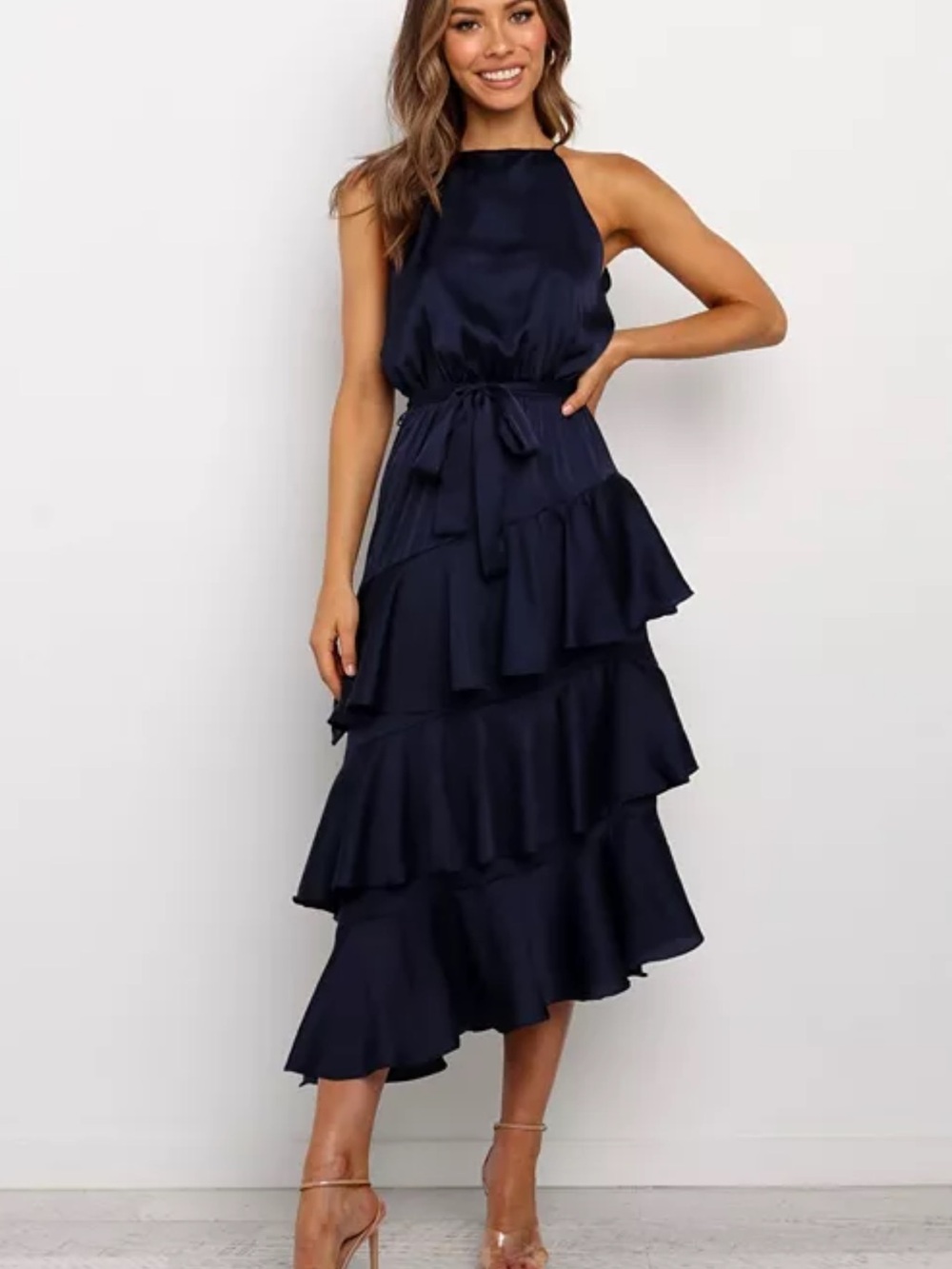 Petal & Pup Navy Halter Ruffle Midi Dress